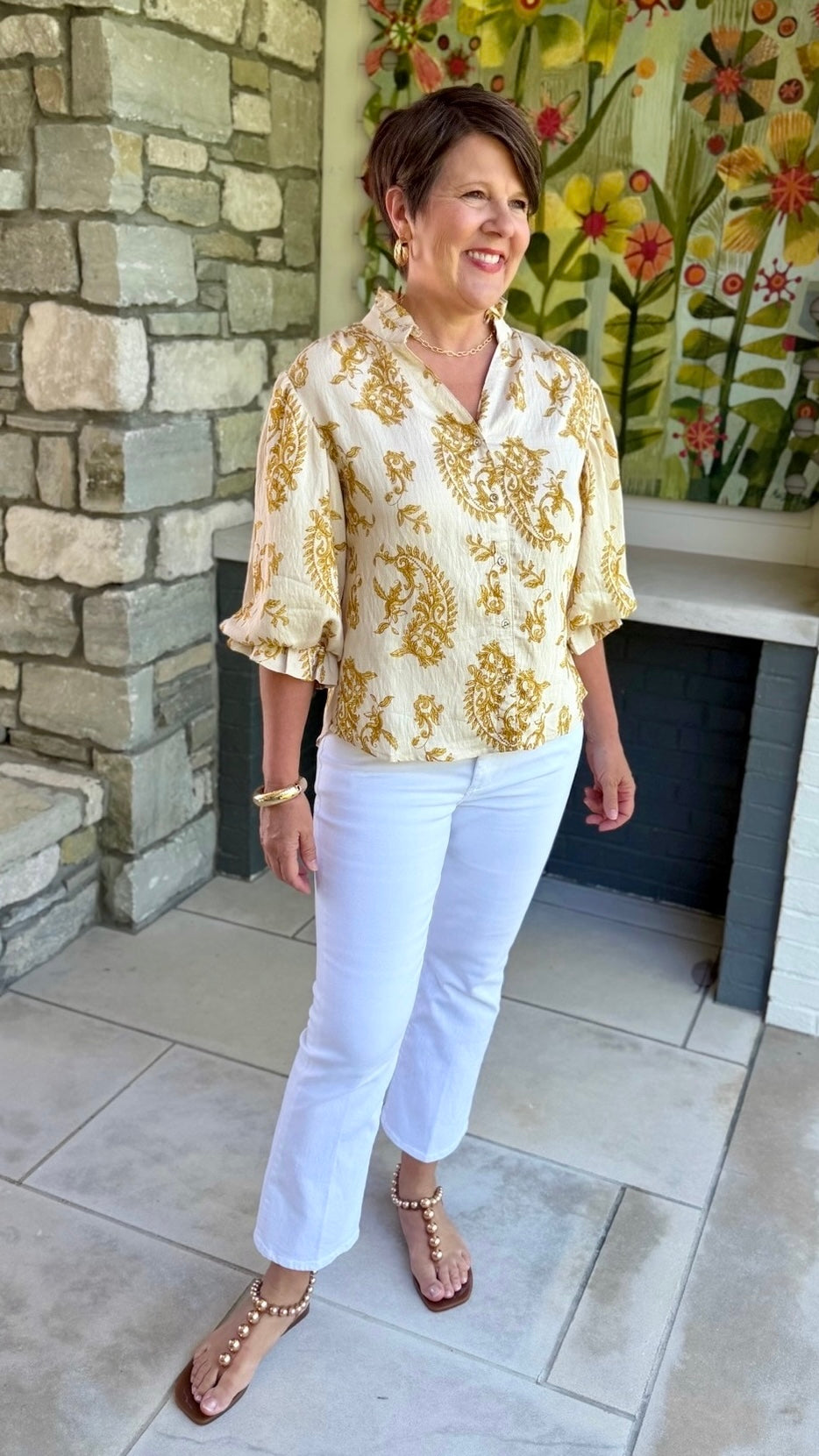 Daniella Button Up Blouse - Ivory & Mustard