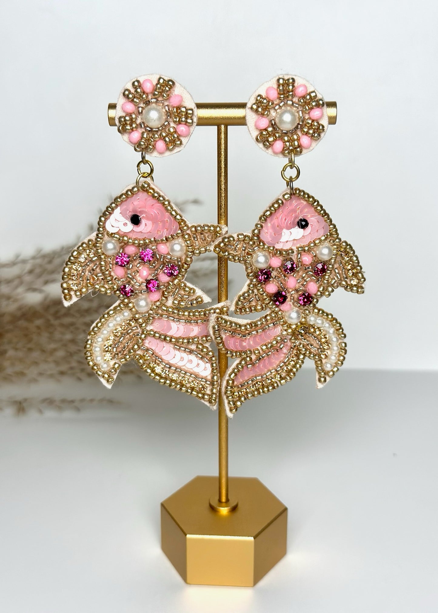 Pink Beaded Goldfish Earrings