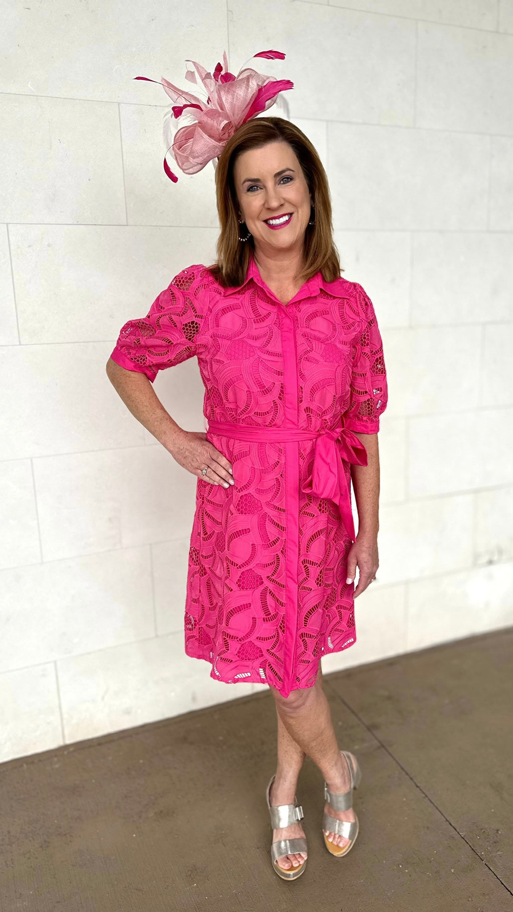 Jade Pink Placket Lace Shirt Dress
