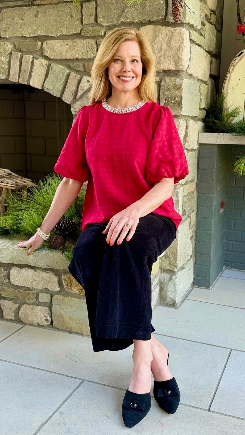 Pearl Round Neck Top - Red