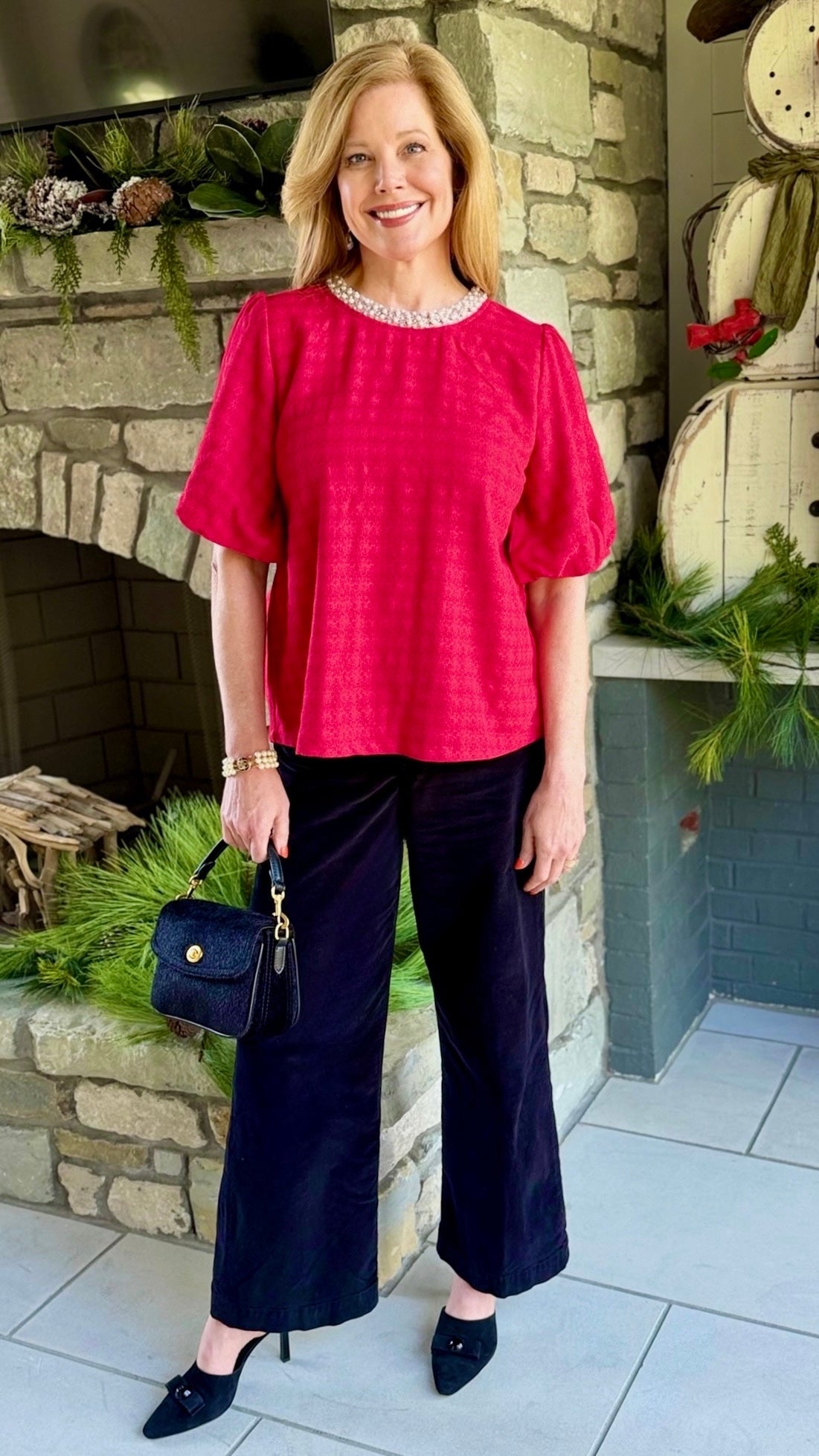 Pearl Round Neck Top - Red