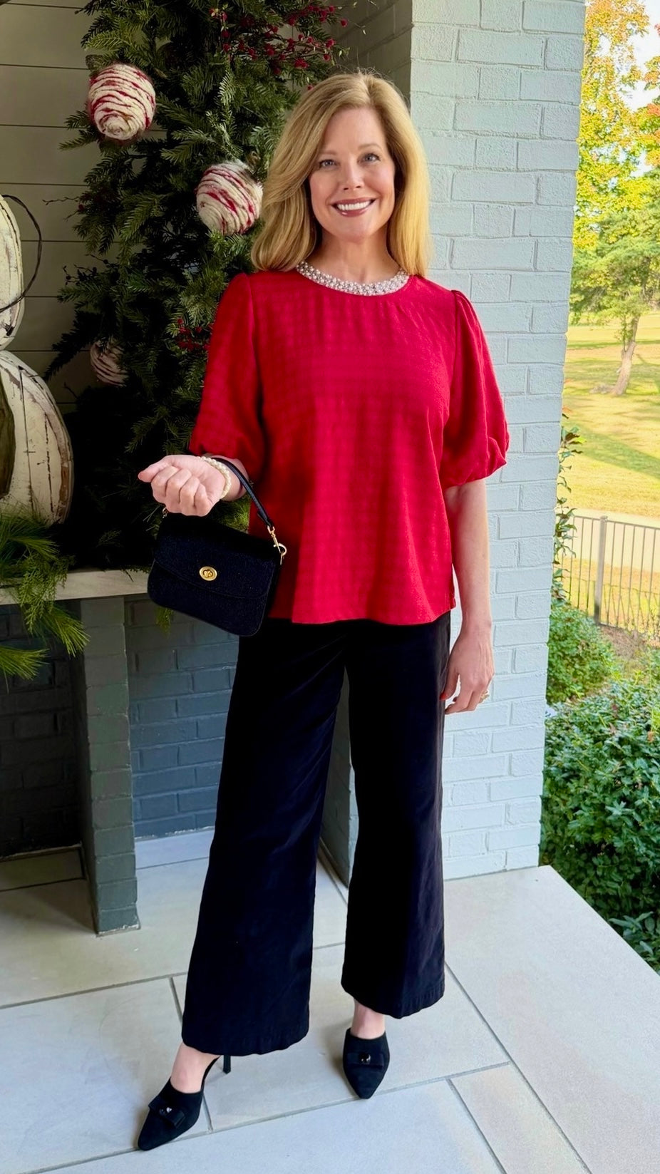 Pearl Round Neck Top - Red