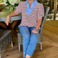 Kierra Striped Top - Maroon & Ivory With Light Blue Trim Accent