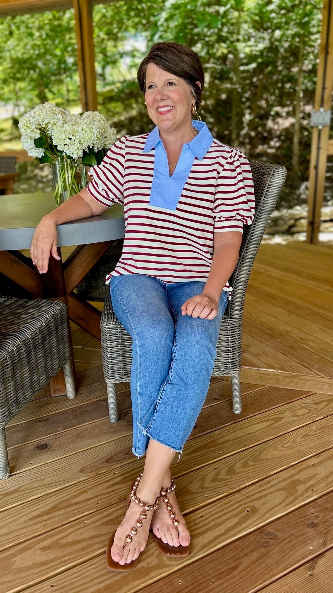Kierra Striped Top - Maroon & Ivory With Light Blue Trim Accent