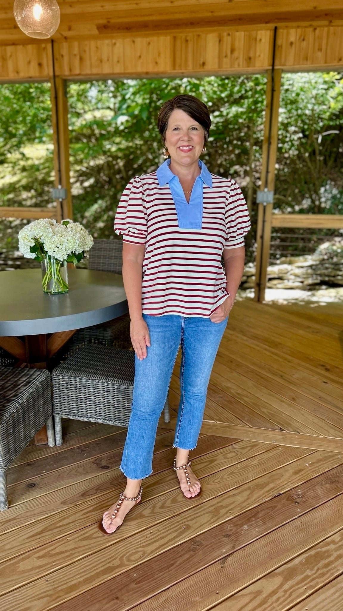 Kierra Striped Top - Maroon & Ivory With Light Blue Trim Accent