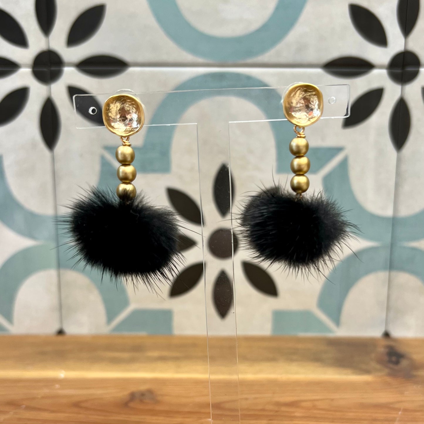 Shiver & Duke Pom Gold Earrings - Black