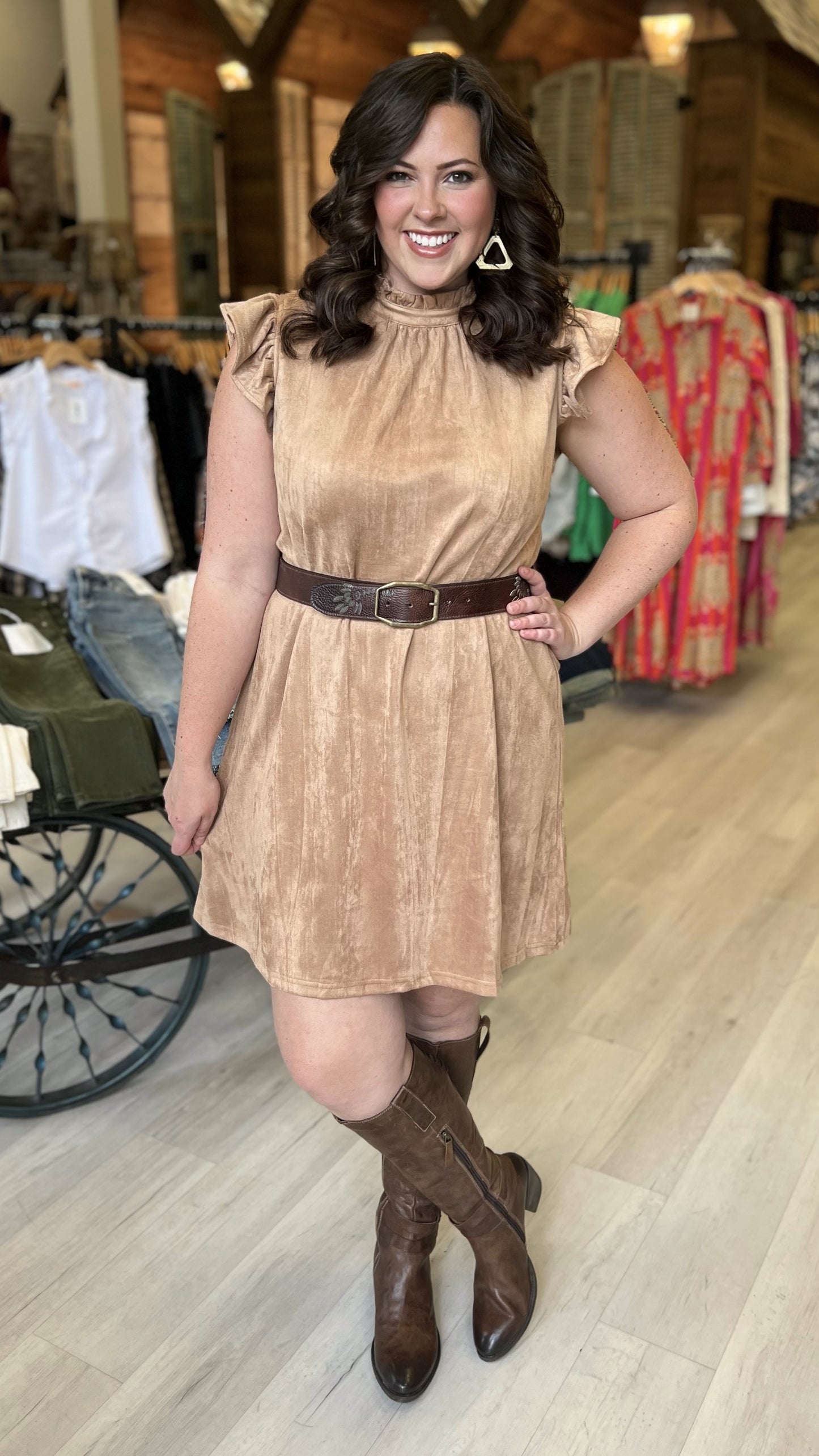 Faux Suede High Neck Dress - Taupe