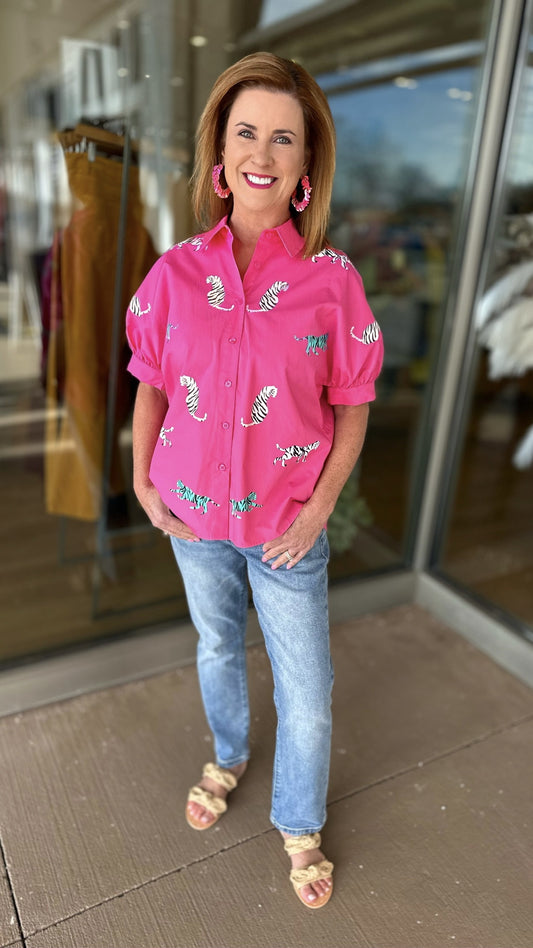 Wild Side Button Up Blouse - Pink