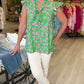 Green Tie Neck Blouse with Pink Cheetah Print
