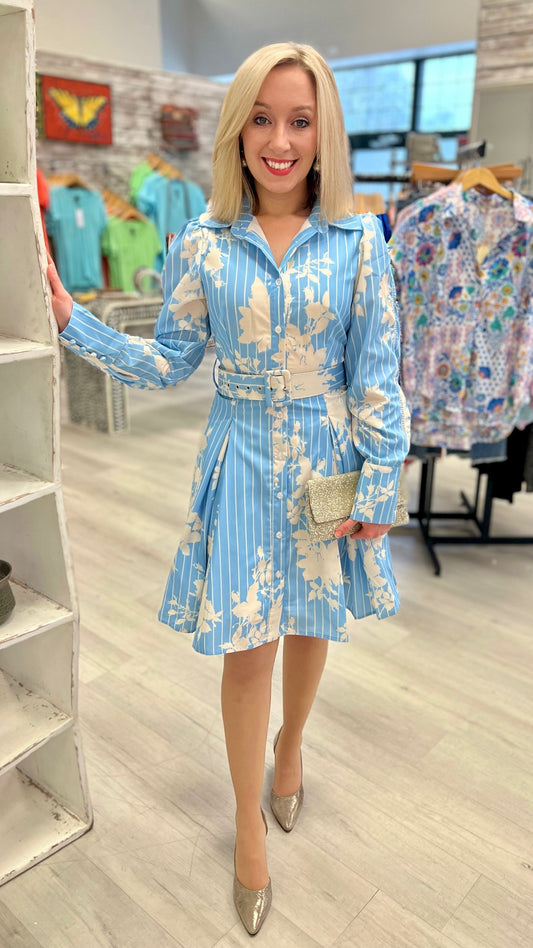 Floral Button Up Belted Dress - Blue and White