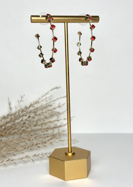 Small Gold Crystal Hoop Earrings - Red