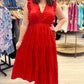 Red Sleeveless V Neck Midi dress