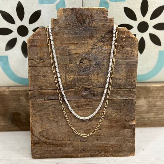 Gold Two Tone Layered Chain Necklace