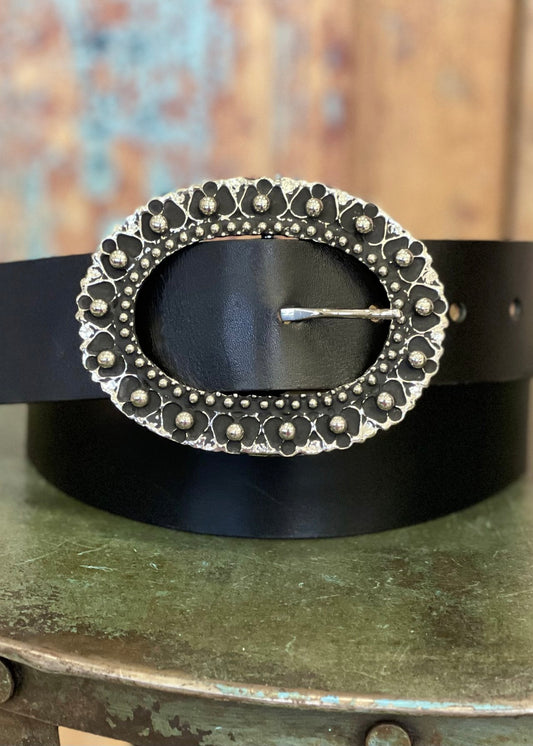 Black Leather Belt With Intricate Silver Buckle