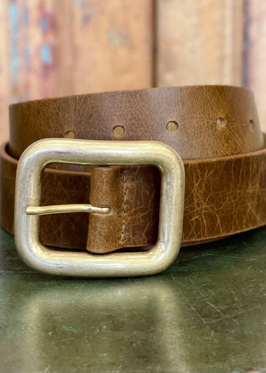 Mocha Brown Leather Belt With Gold Buckle