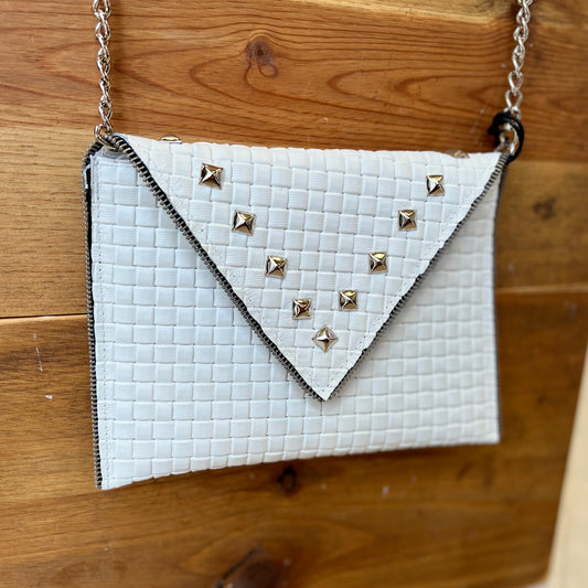 JJ Winters Studded Woven Leather Crossbody - White