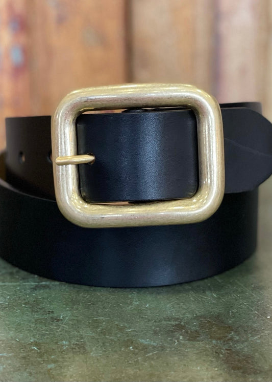 Black Leather Belt With Gold Buckle